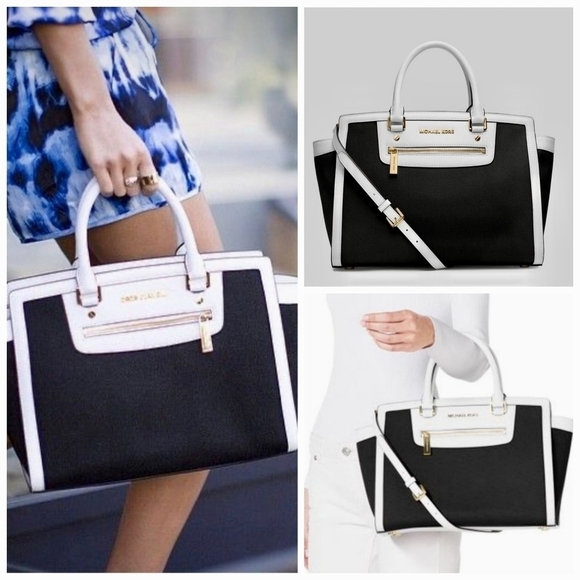 Michael Kors Selma Colorblock Black & White Large Trapeze Satchel Bag - Picture 1 of 15